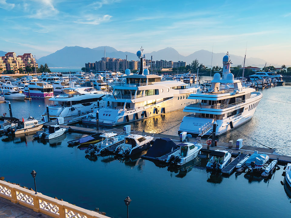 在海港近距离地观赏渔船和游艇