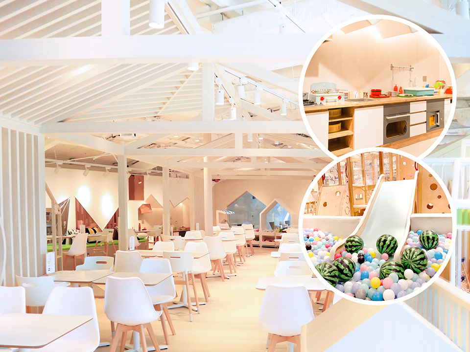 纸飞机亲子餐厅设有用餐空间，以及带玩具、滑梯和球坑的游乐区。